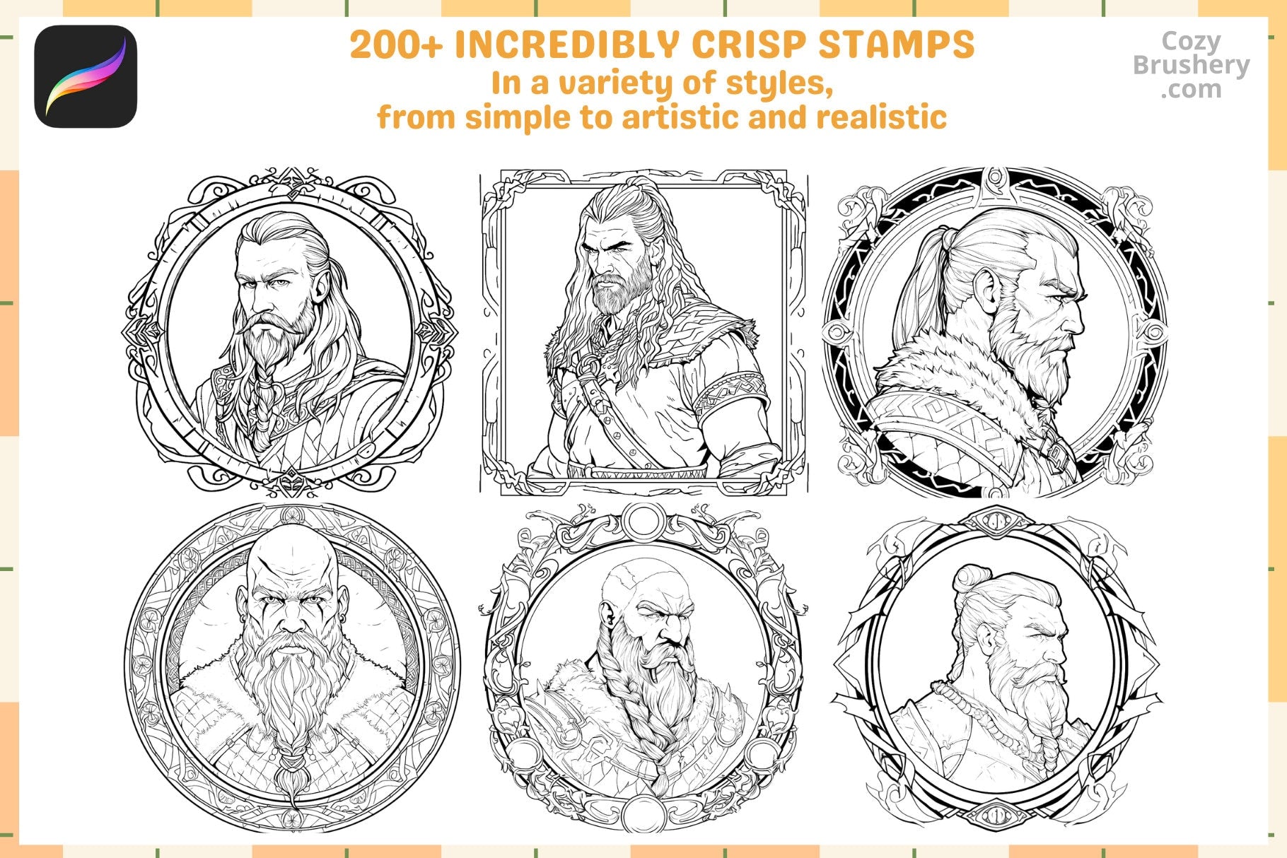 Procreate Stamps: Viking Saga Pack with 200 Profile Stamps - Cozy Brushery
