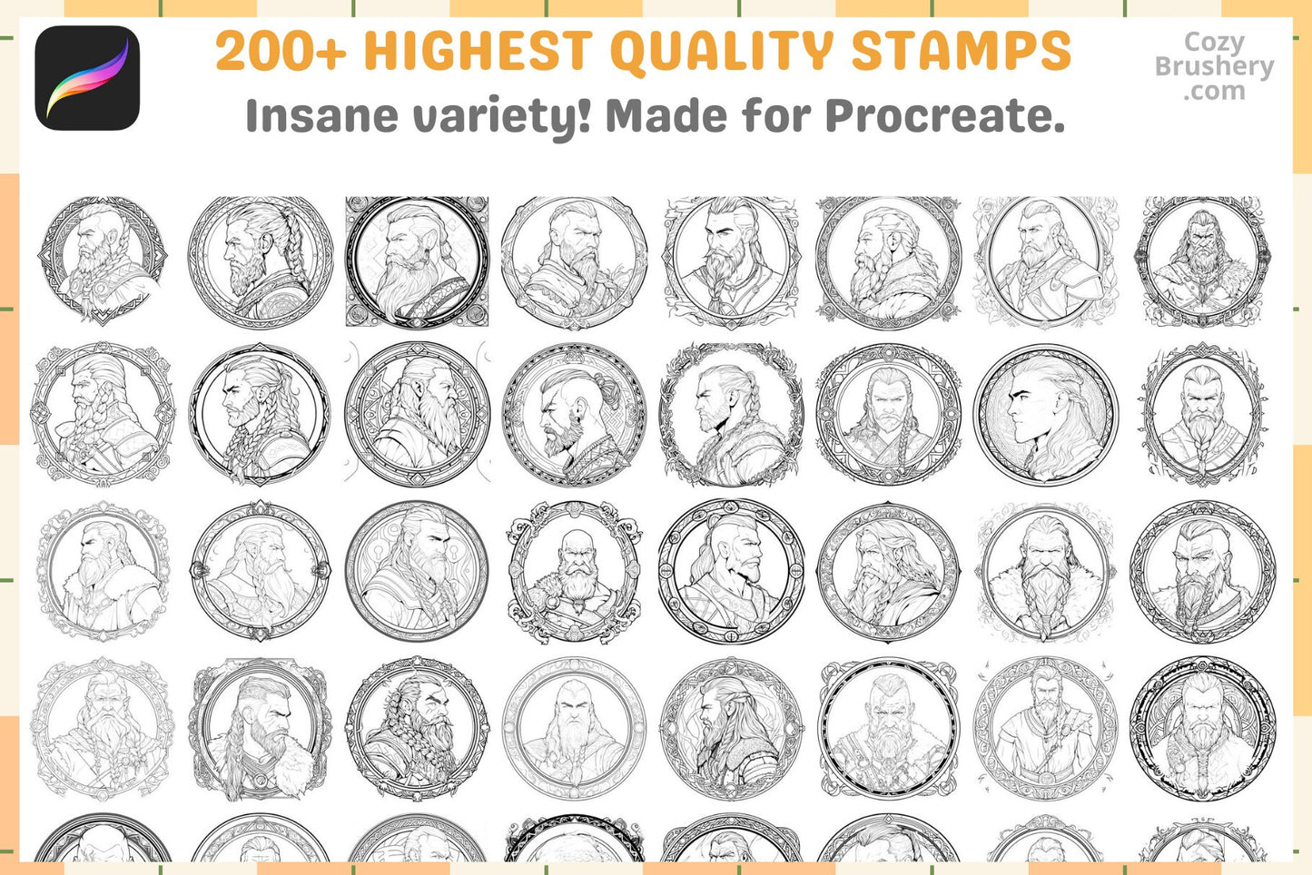 Procreate Stamps: Viking Saga Pack with 200 Profile Stamps - Cozy Brushery