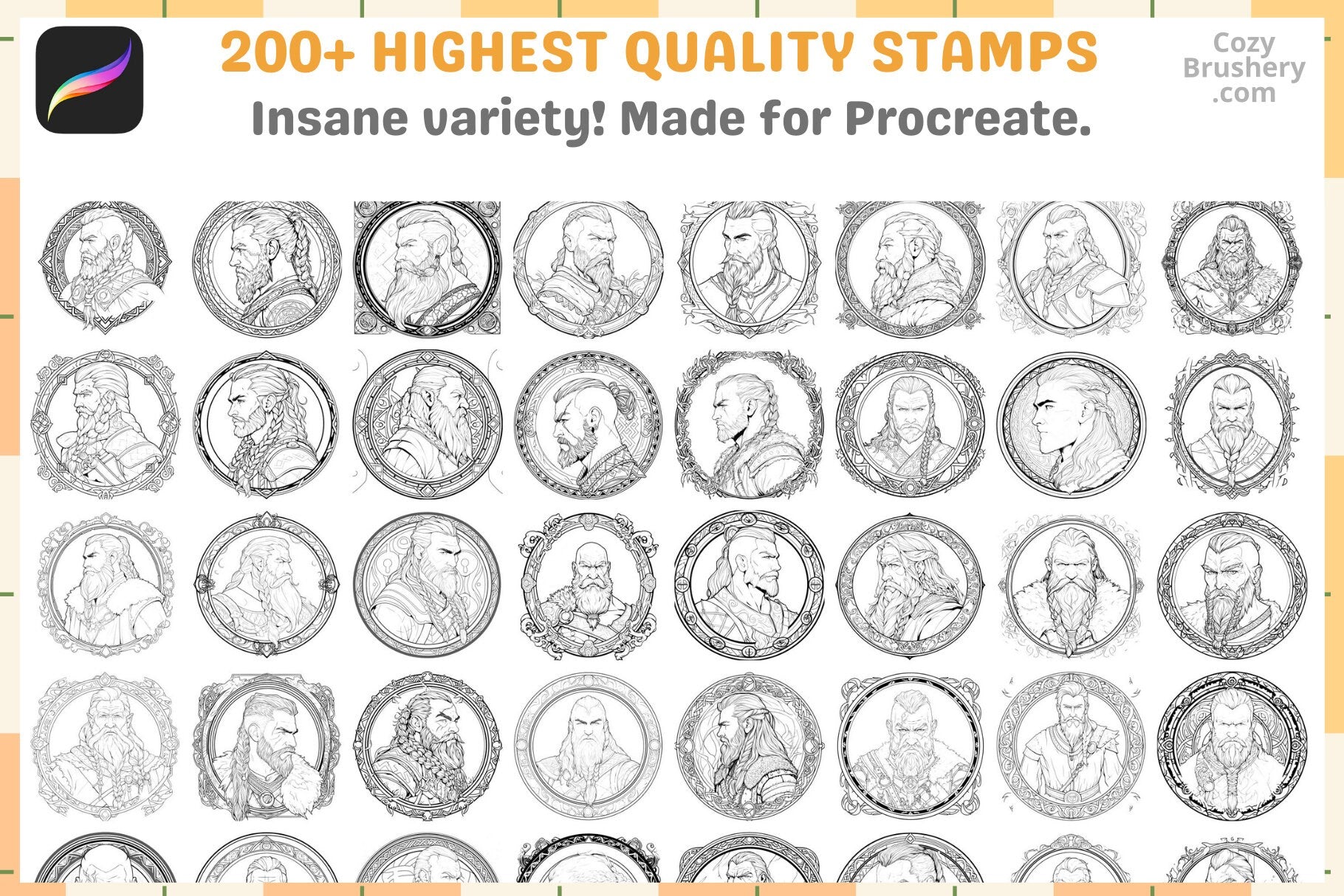 Procreate Stamps: Viking Saga Pack with 200 Profile Stamps - Cozy Brushery