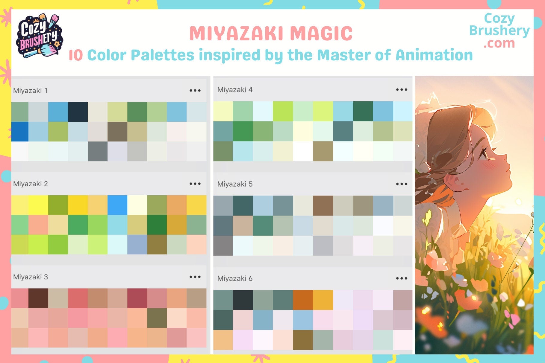 Procreate Swatches: Miyazaki Magic 10 Dreamy Color Palettes - Cozy Brushery