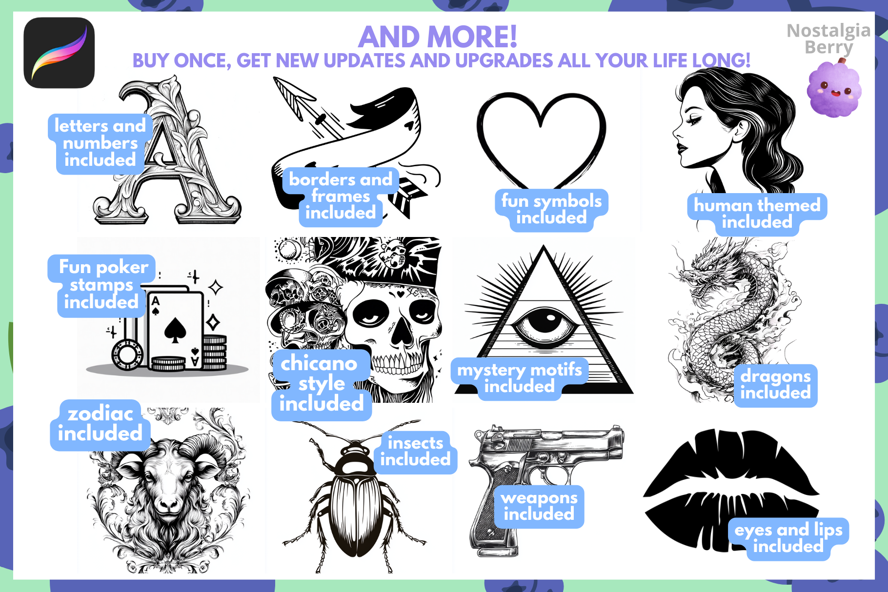 Procreate Tattoo Stamp Bundle 6000+ Inked Stamps & Brushes - Cozy Brushery