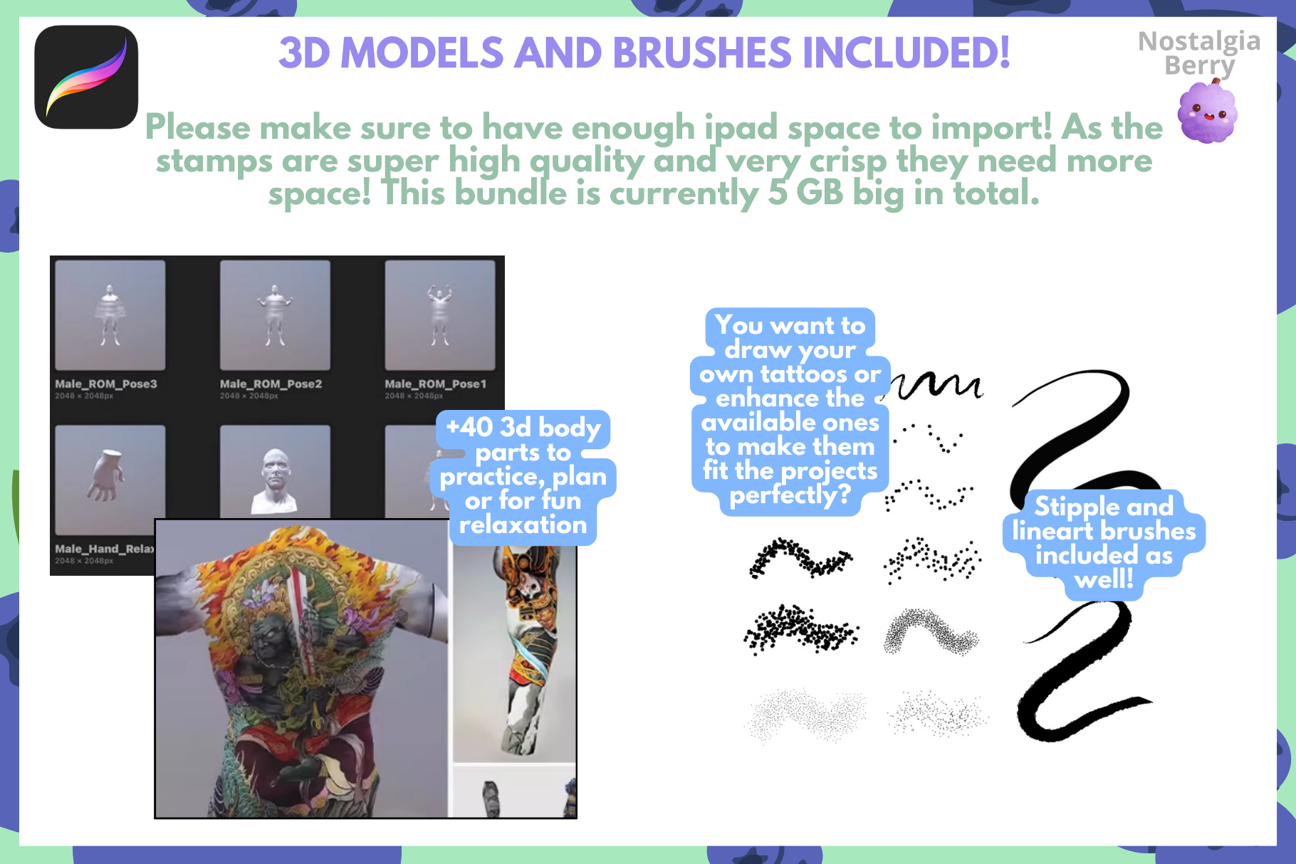 Procreate Tattoo Stamp Bundle 6000+ Inked Stamps & Brushes - Cozy Brushery