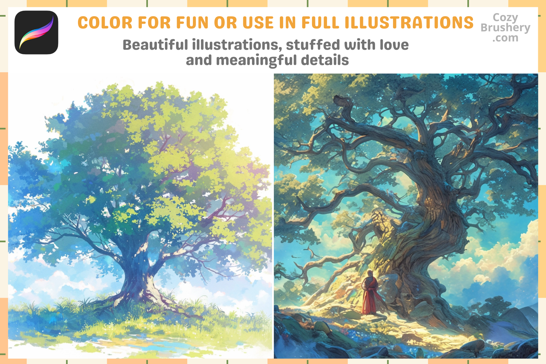 Procreate Tree Brush Set: 200 Lineart Stamps for Art - Cozy Brushery