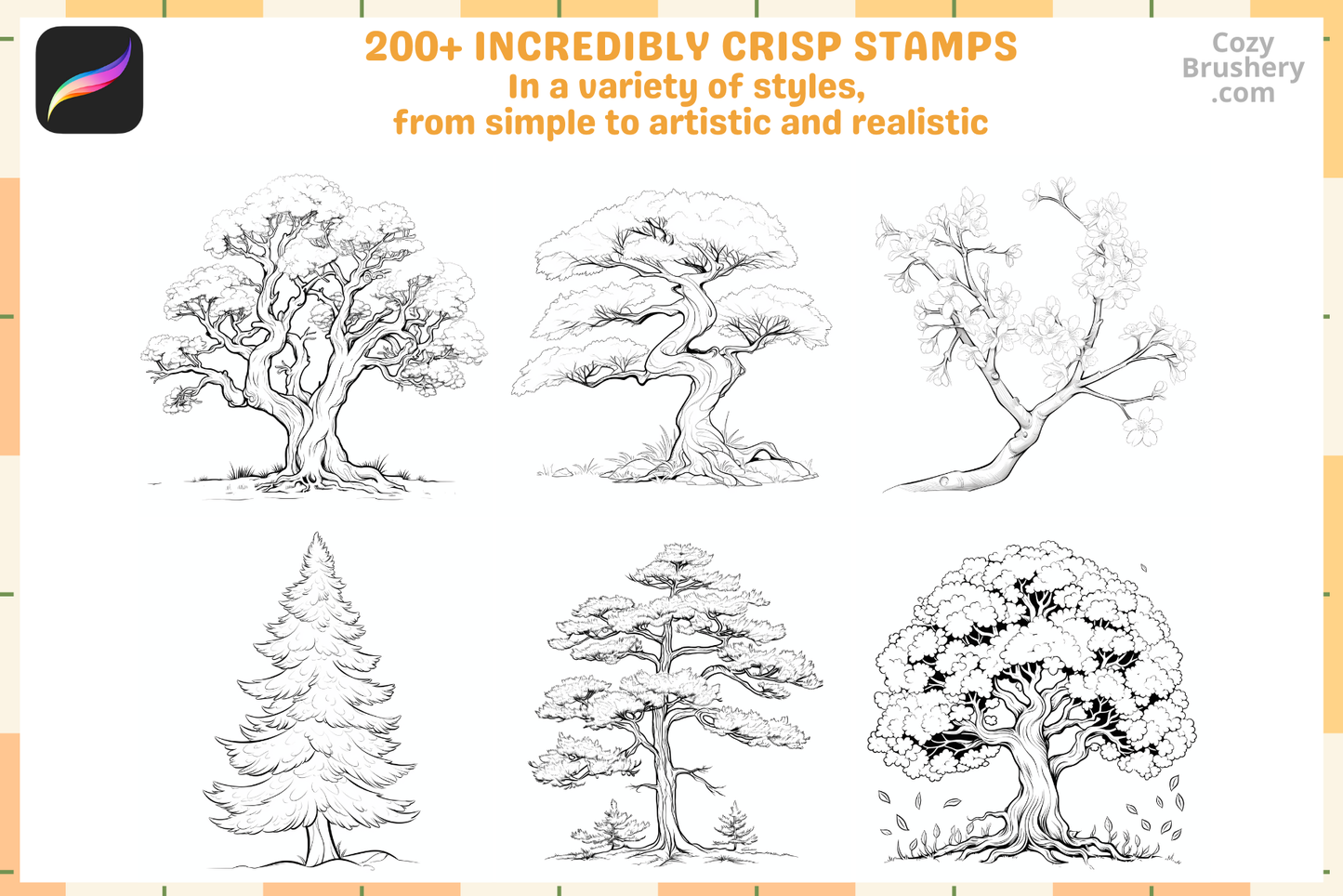 Procreate Tree Brush Set: 200 Lineart Stamps for Art - Cozy Brushery