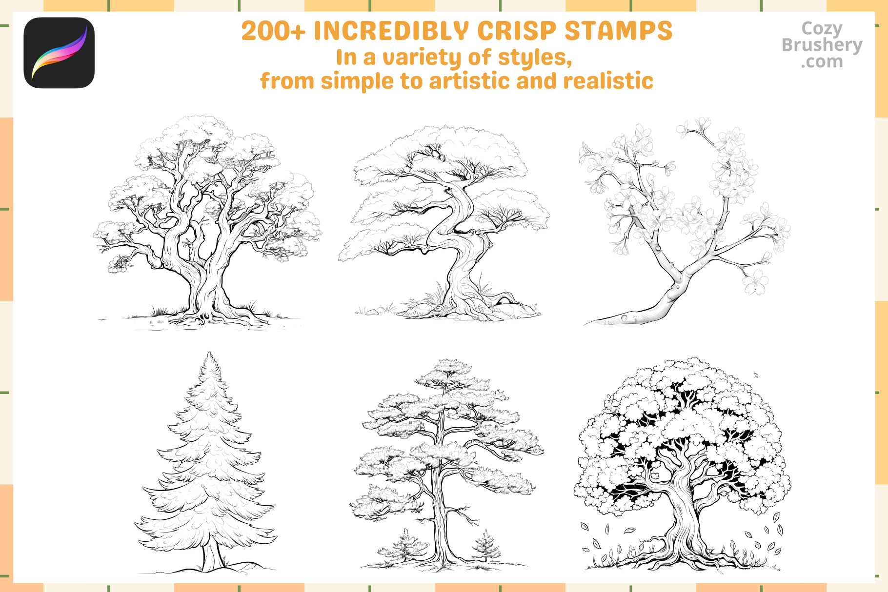 Procreate Tree Brush Set: 200 Lineart Stamps for Art - Cozy Brushery