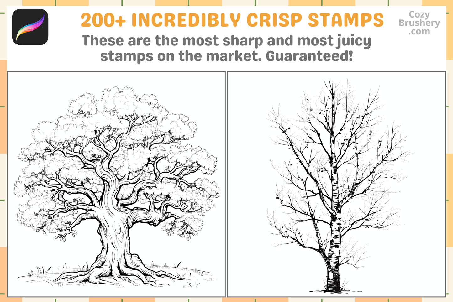Procreate Tree Brush Set: 200 Lineart Stamps for Art - Cozy Brushery