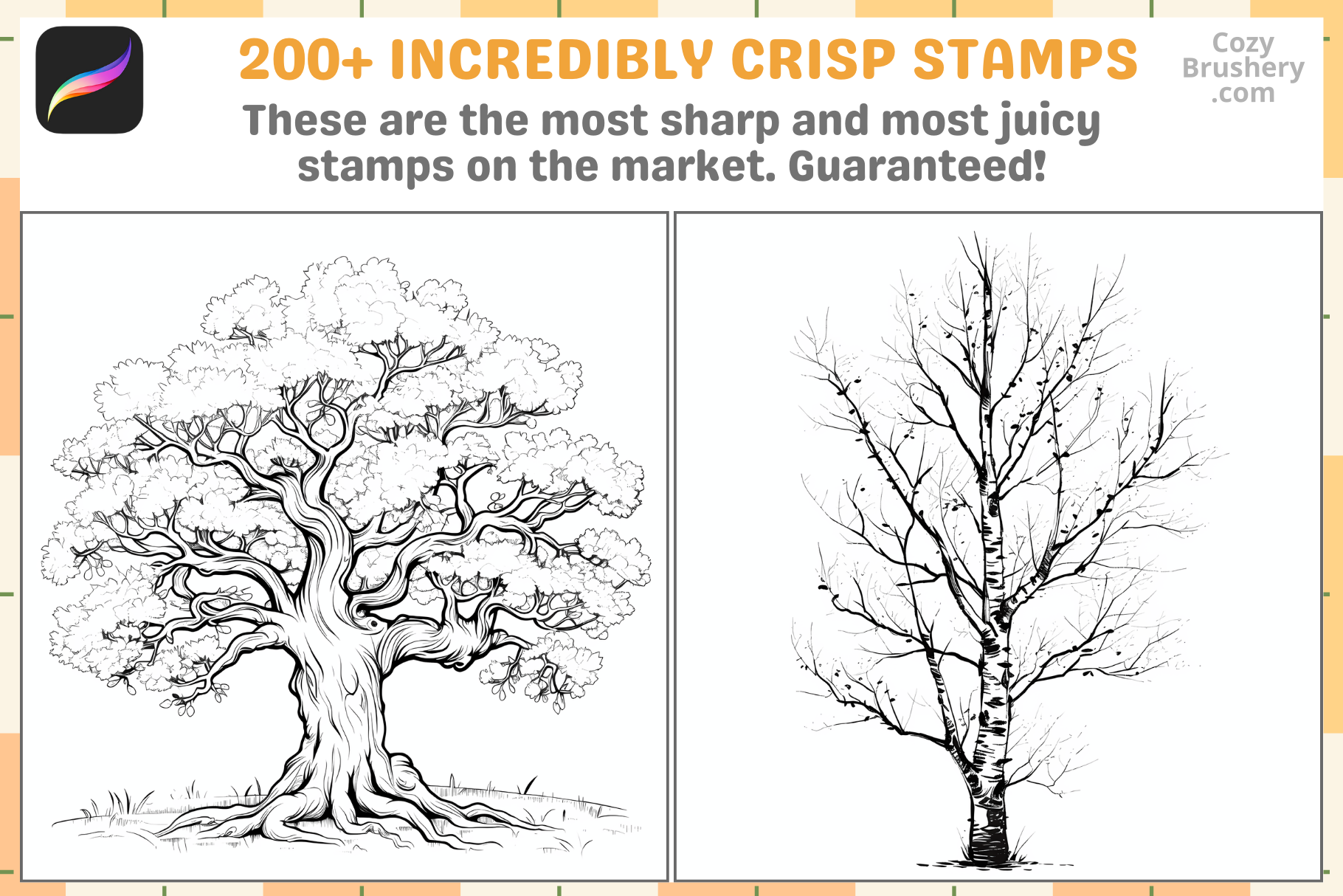 Procreate Tree Brush Set: 200 Lineart Stamps for Art - Cozy Brushery