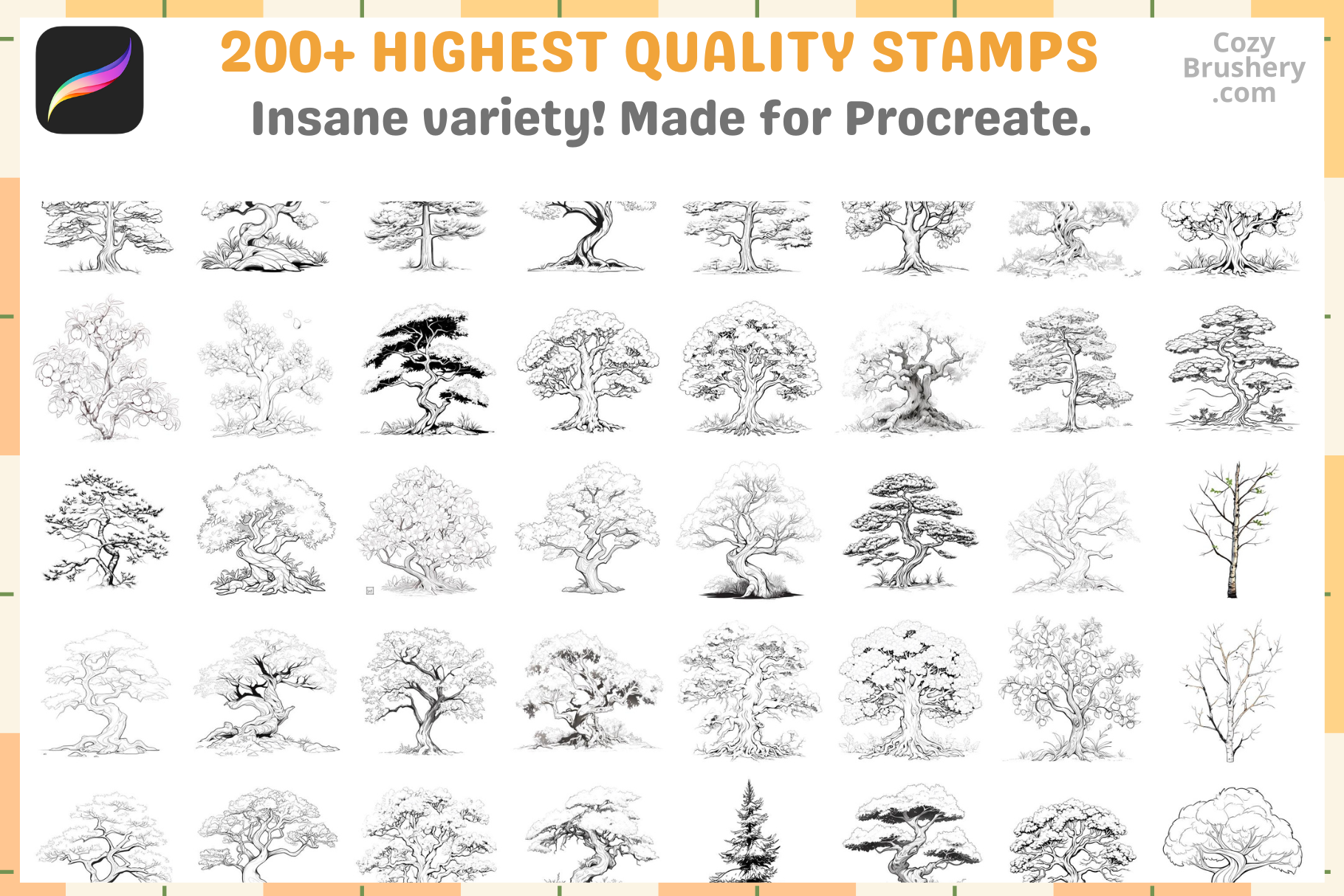 Procreate Tree Brush Set: 200 Lineart Stamps for Art - Cozy Brushery