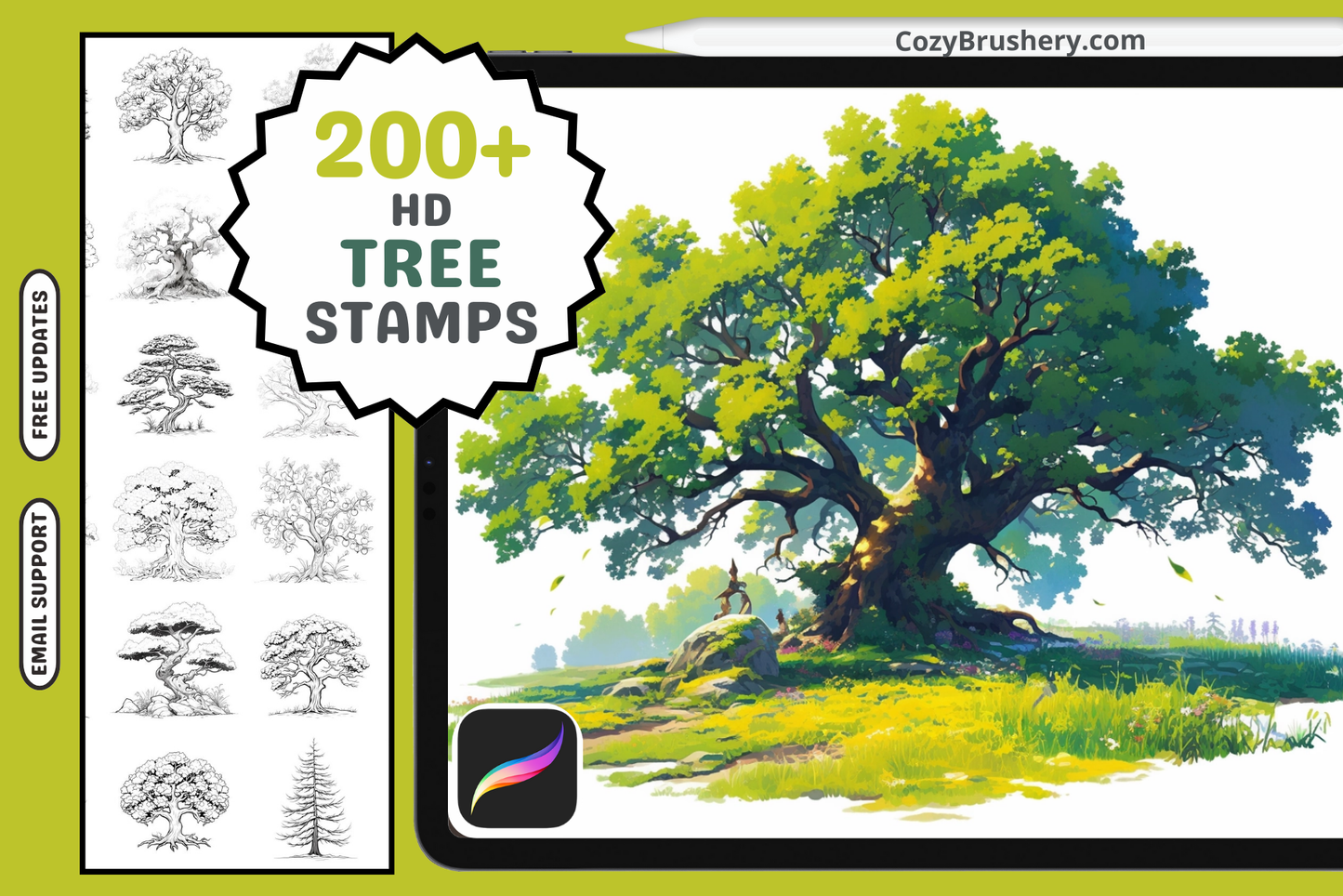 Procreate Tree Brush Set: 200 Lineart Stamps for Art - Cozy Brushery