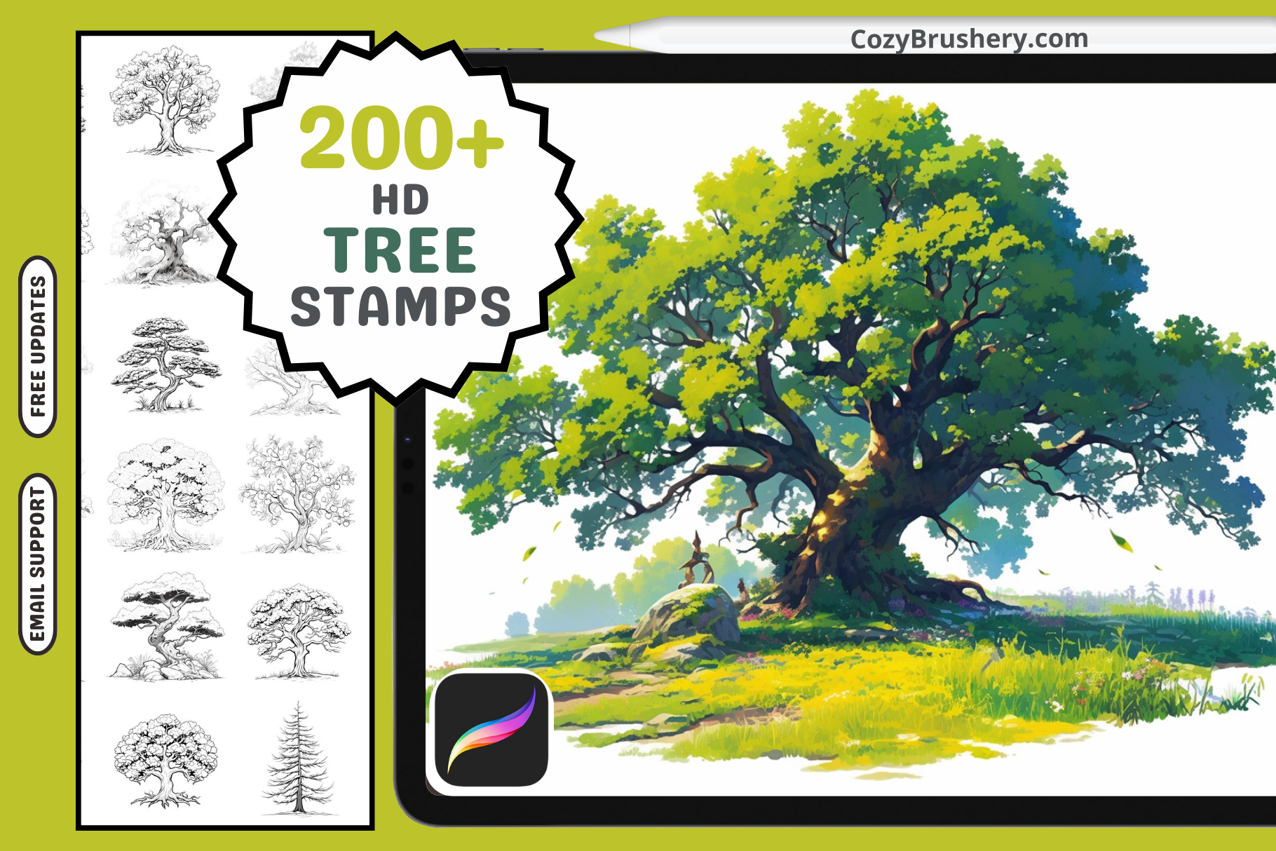 Procreate Tree Brush Set: 200 Lineart Stamps for Art - Cozy Brushery