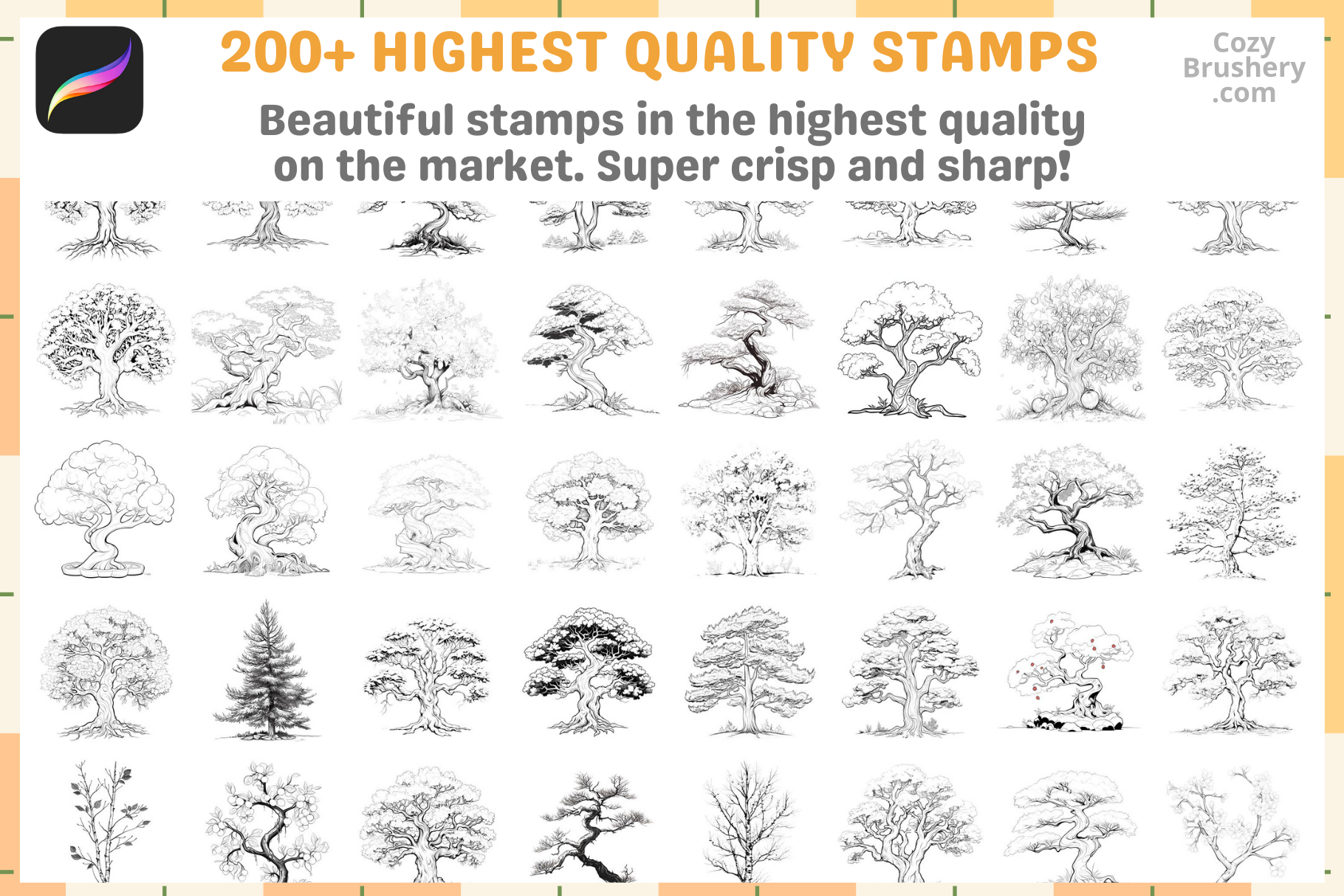 Procreate Tree Brush Set: 200 Lineart Stamps for Art - Cozy Brushery