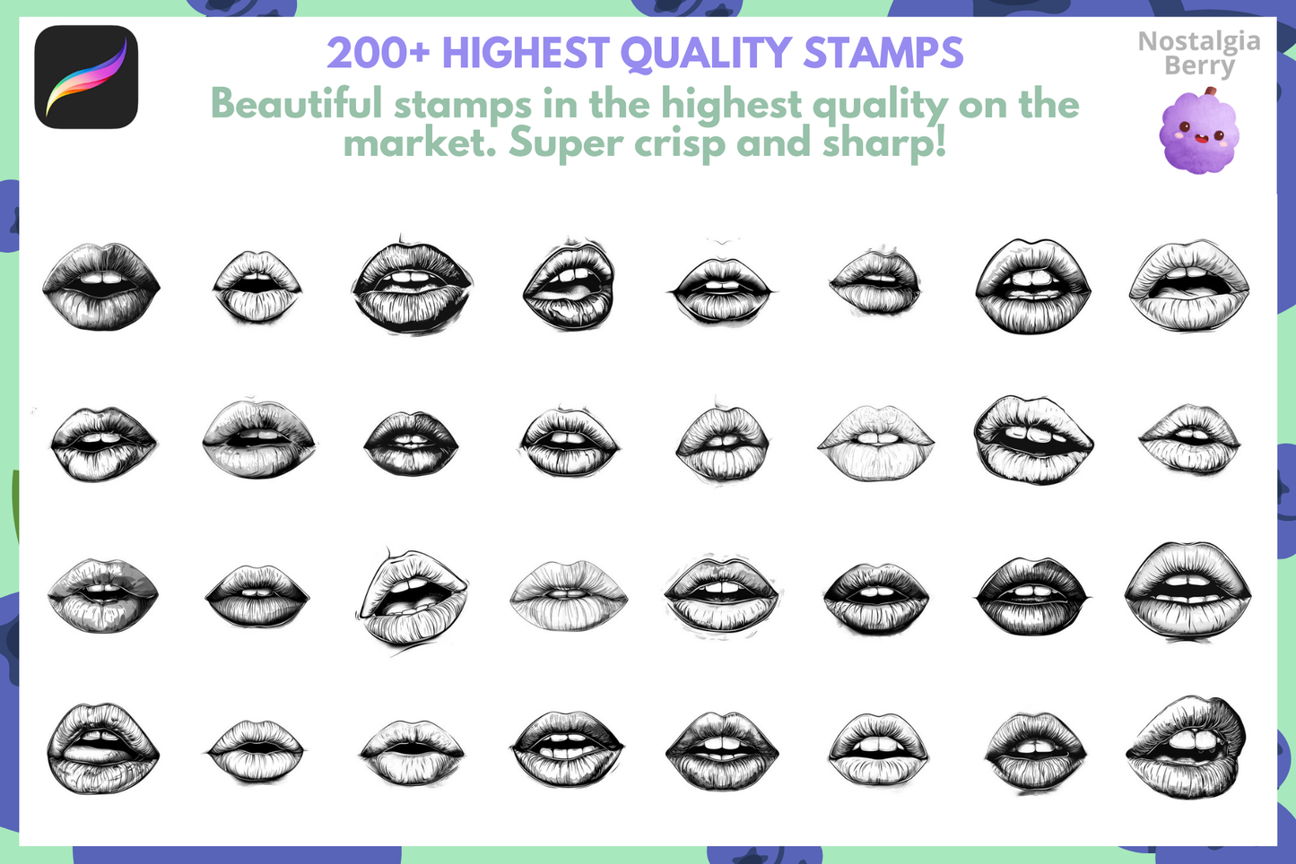 Realistic Lip Stamps & Brushes – 200 Procreate Stamps - Cozy Brushery