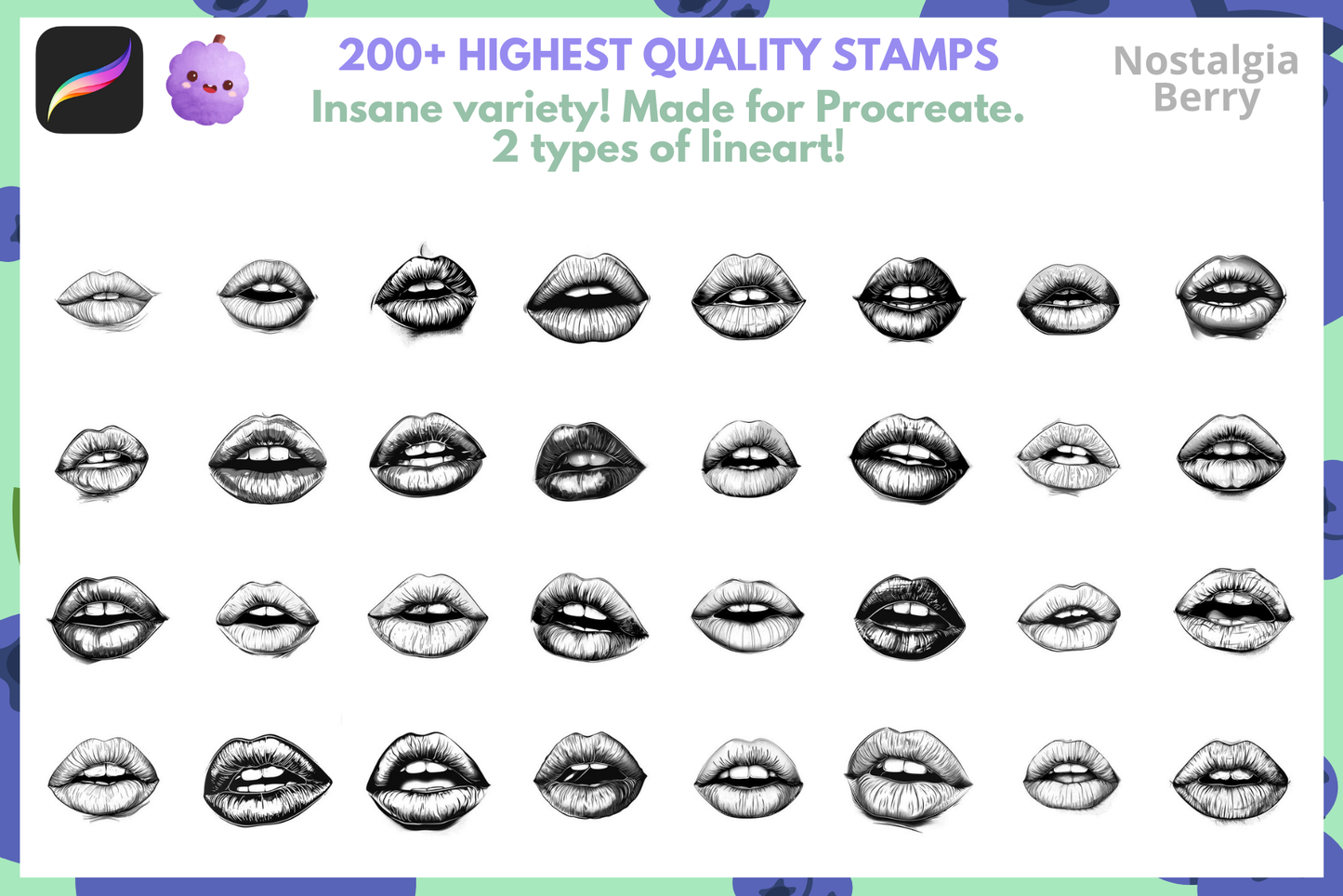 Realistic Lip Stamps & Brushes – 200 Procreate Stamps - Cozy Brushery
