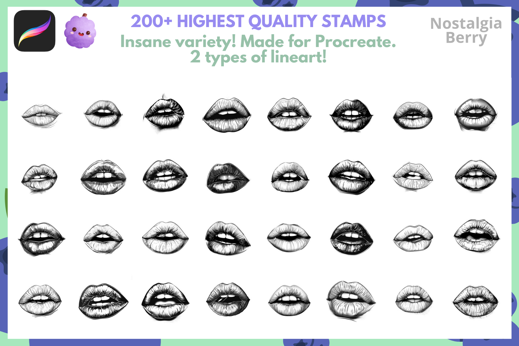 Realistic Lip Stamps & Brushes – 200 Procreate Stamps - Cozy Brushery