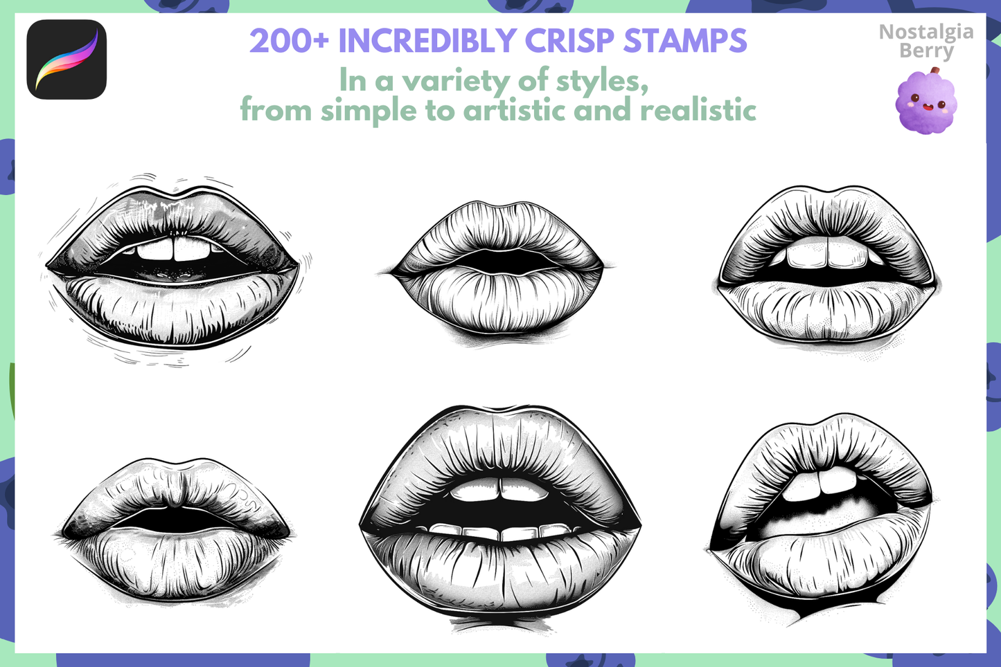Realistic Lip Stamps & Brushes – 200 Procreate Stamps - Cozy Brushery