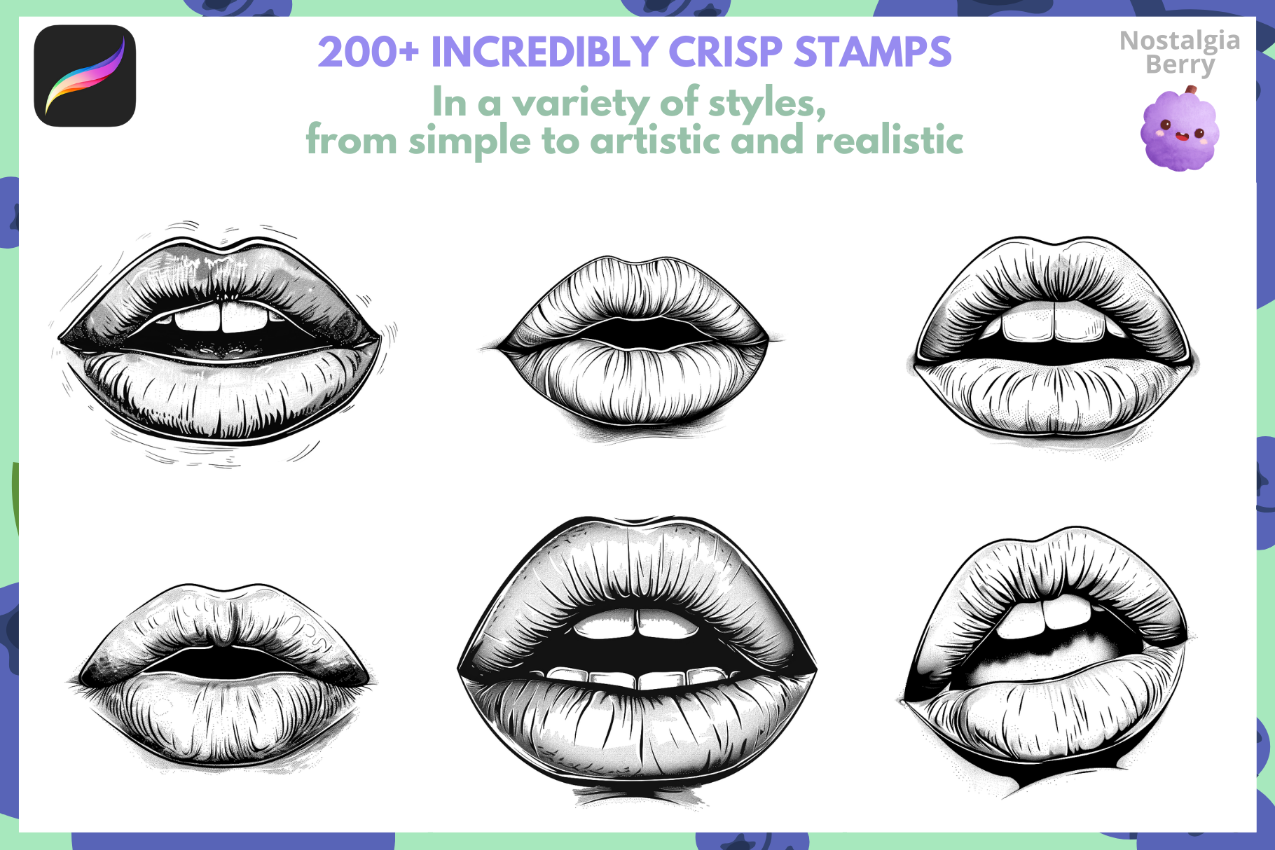 Realistic Lip Stamps & Brushes – 200 Procreate Stamps - Cozy Brushery