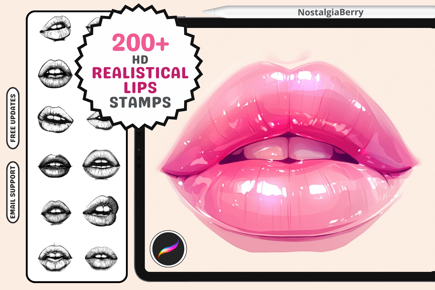 Realistic Lip Stamps & Brushes – 200 Procreate Stamps - Cozy Brushery