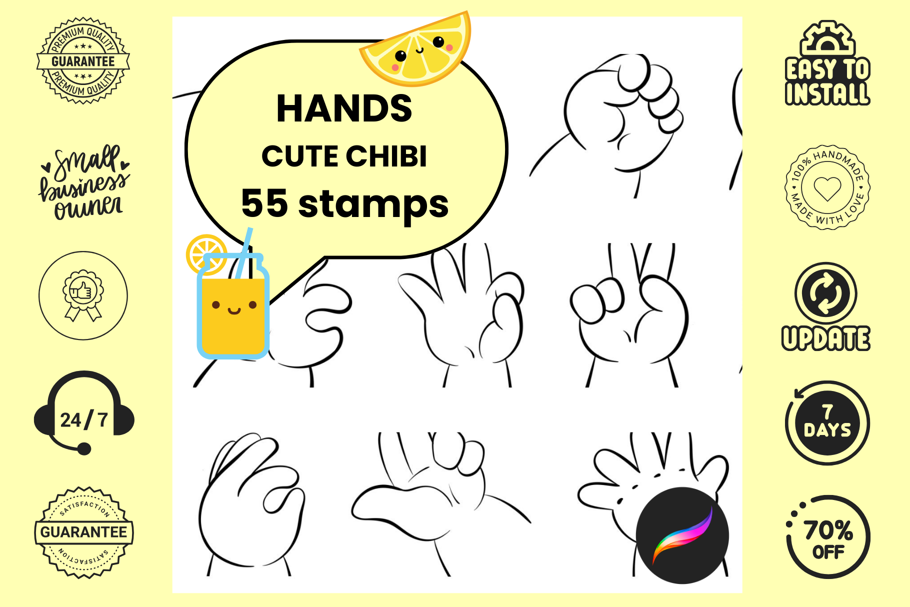 Tiny Chibi Hands – 55 Procreate Kawaii Art Stamps - Cozy Brushery