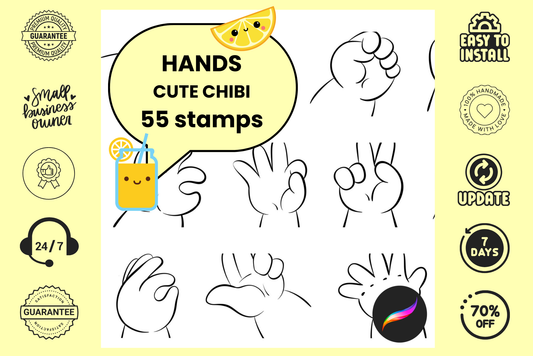 Tiny Chibi Hands – 55 Procreate Kawaii Art Stamps - Cozy Brushery