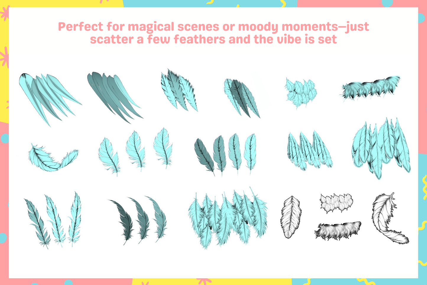 Collection of whimsical feather Procreate brushes for magical scenes and moody illustrations.