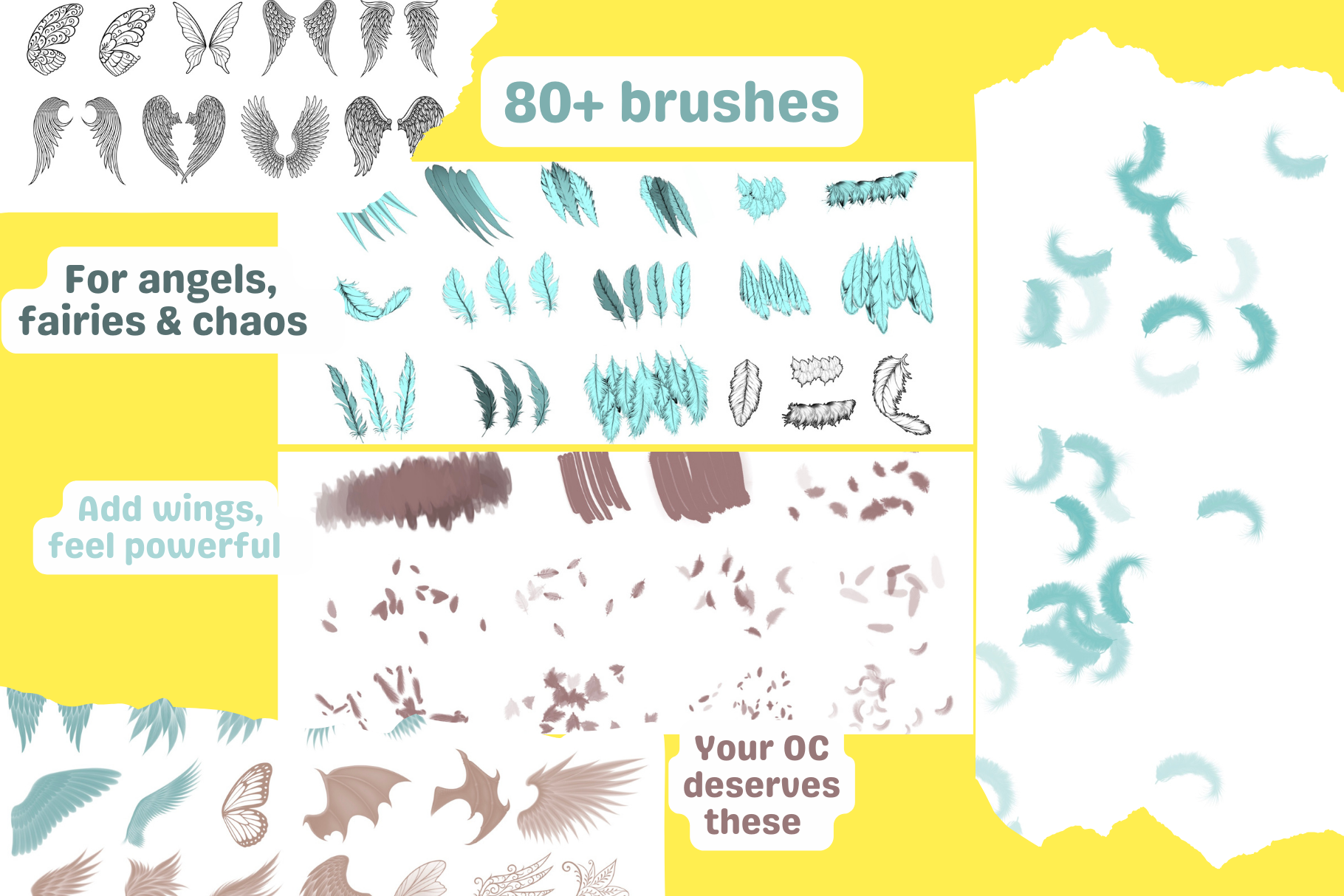 Collection of 80+ Procreate feather and wing brushes for illustrations of angels, fairies, and fantasy creatures.