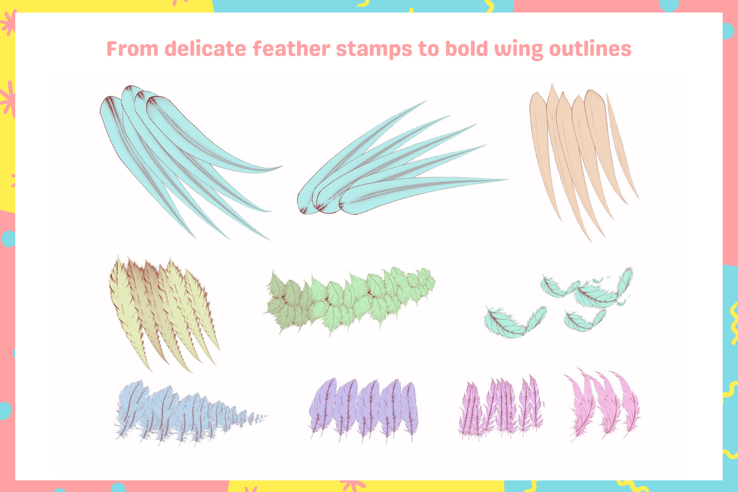 Collection of Procreate feather stamps in various styles for creative wing designs.