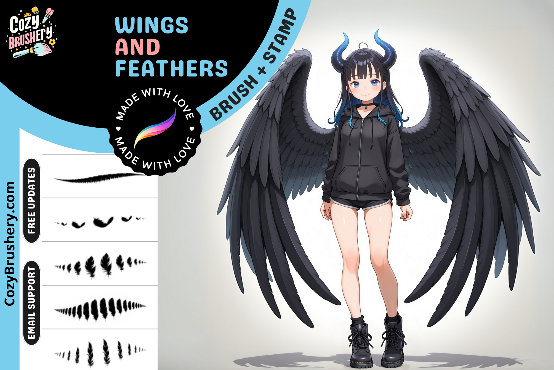 Digital art showcasing a character with black wings, featuring Procreate brush and stamp options for wings and feathers.