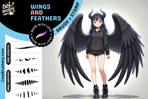Digital art showcasing a character with black wings, featuring Procreate brush and stamp options for wings and feathers.