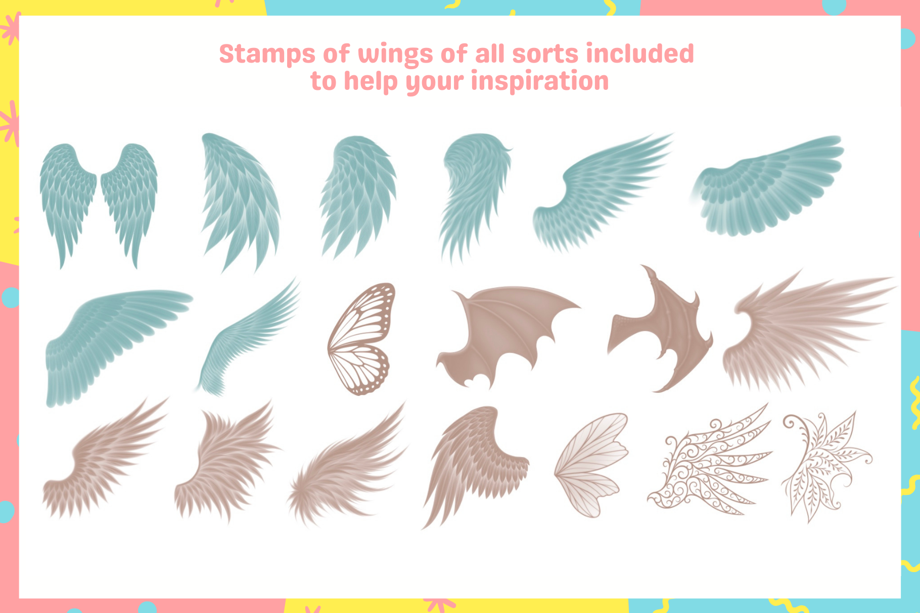 Diverse variety of wing stamps for Procreate, showcasing angelic and fantasy designs for artistic inspiration.