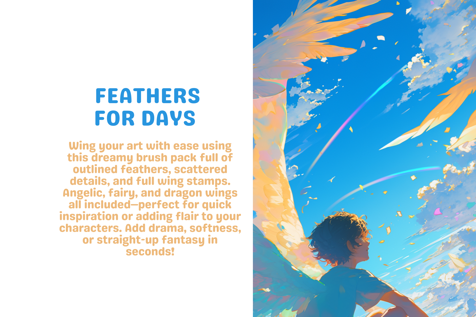 Colorful illustration promoting a brush pack for creating angelic and fantasy wing designs.