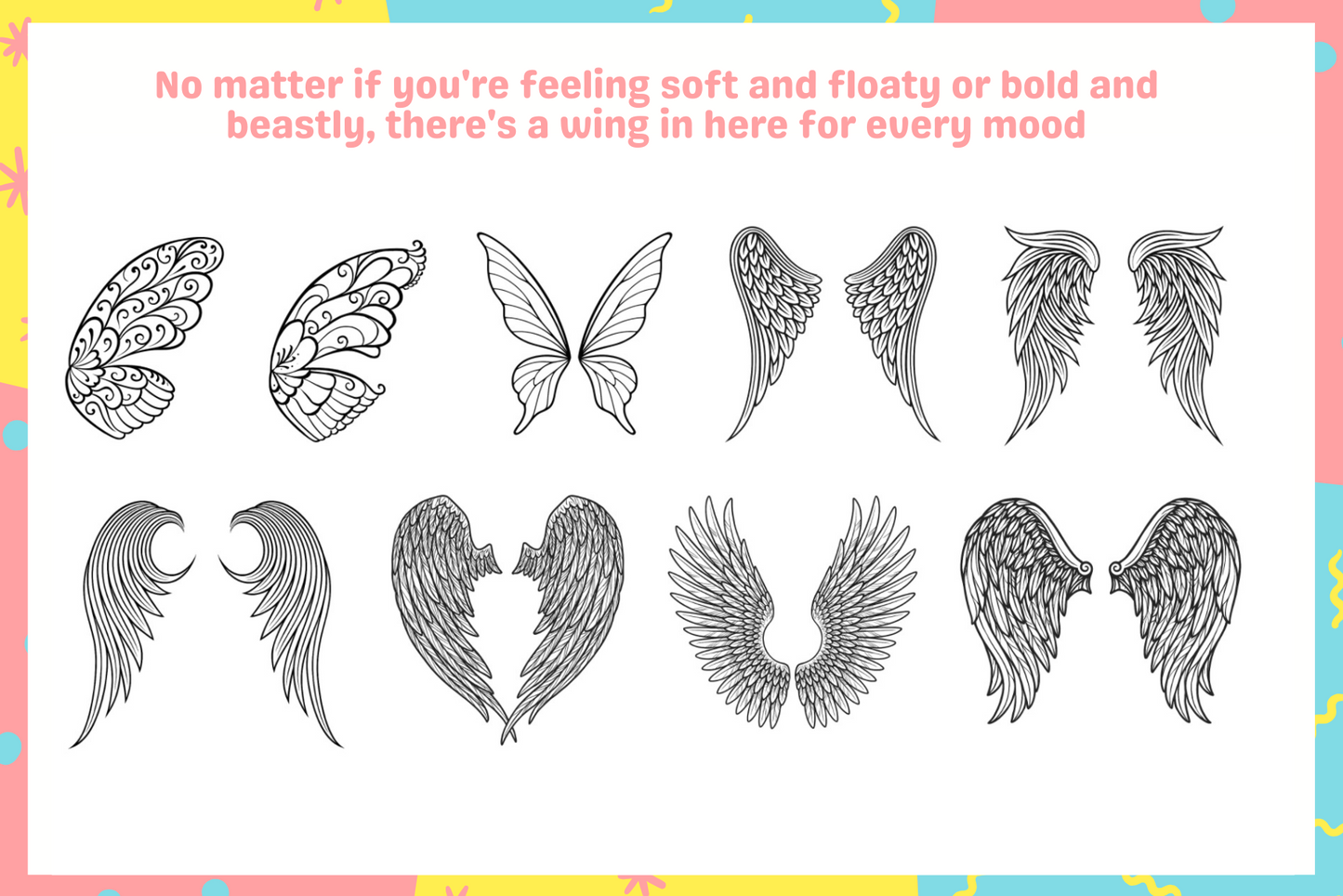 Illustration of various wings for every mood, showcasing styles from delicate to bold, perfect for creative projects.