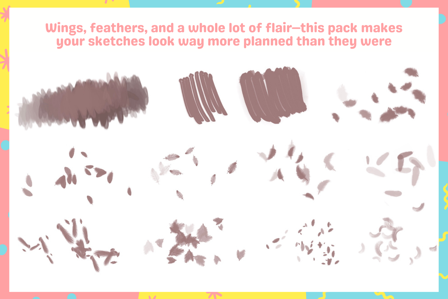 Preview of Procreate brushes for creating wings and feathers, showcasing various textures and styles.