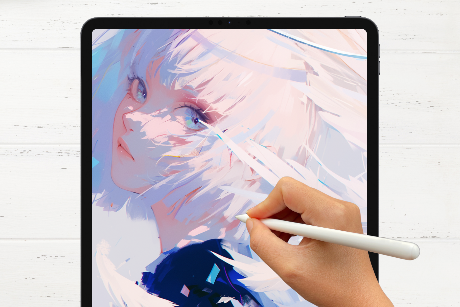 Digital artwork creation with a stylus on an iPad featuring a soft, ethereal character illustration.