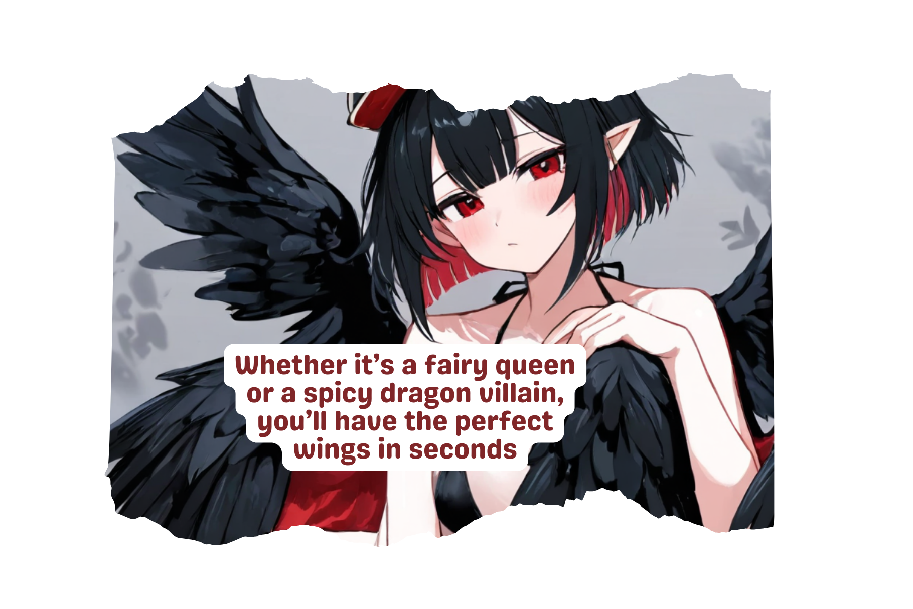 Fantasy character with dark wings, promoting quick creation of detailed wing art using Procreate brushes.