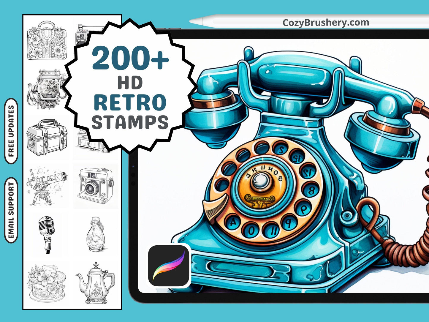 200+ Procreate Retro Items Themed Stamps, Vintage-Inspired Brushes for Nostalgic Digital Art, Instant Download - Cozy Brushery