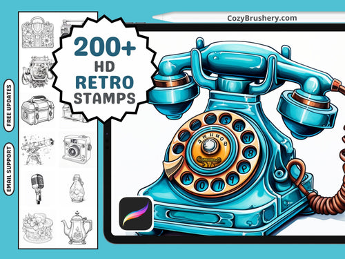 200+ Procreate Retro Items Themed Stamps, Vintage-Inspired Brushes for Nostalgic Digital Art, Instant Download - Cozy Brushery