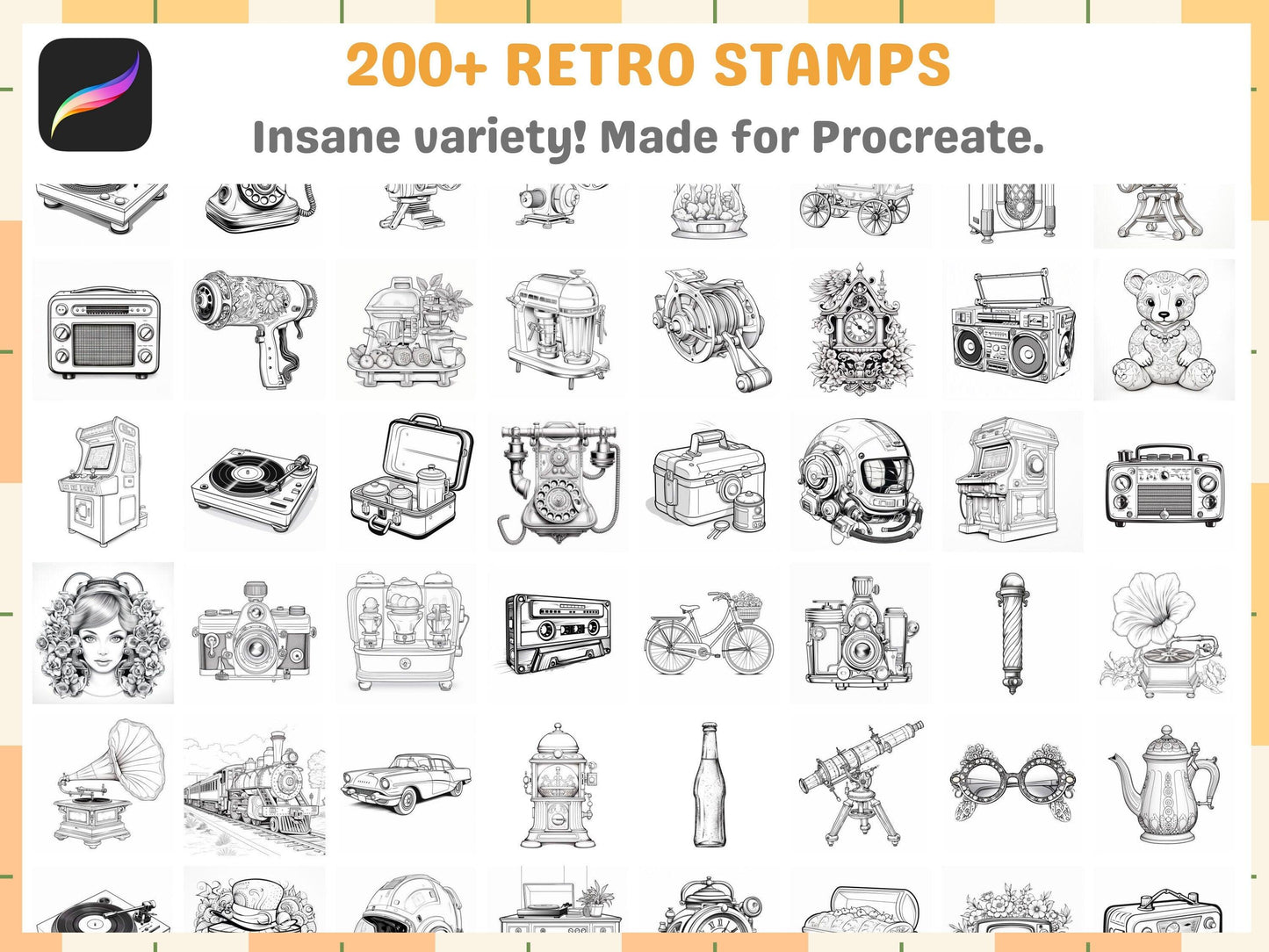 200+ Procreate Retro Items Themed Stamps, Vintage-Inspired Brushes for Nostalgic Digital Art, Instant Download - Cozy Brushery