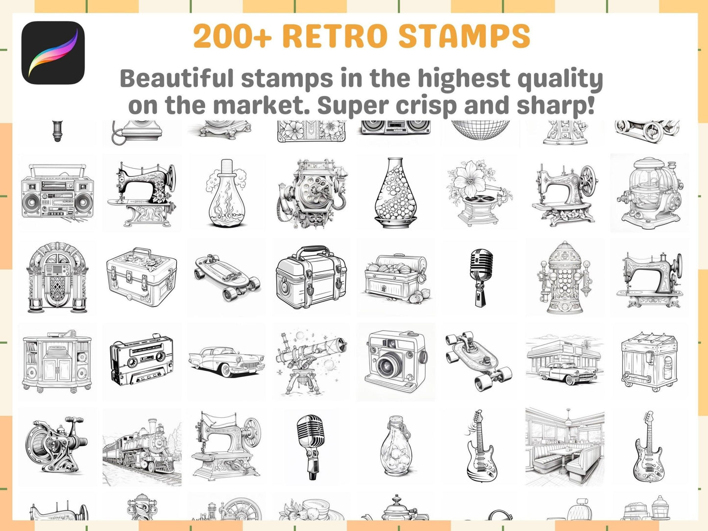 200+ Procreate Retro Items Themed Stamps Instant Download - Cozy Brushery