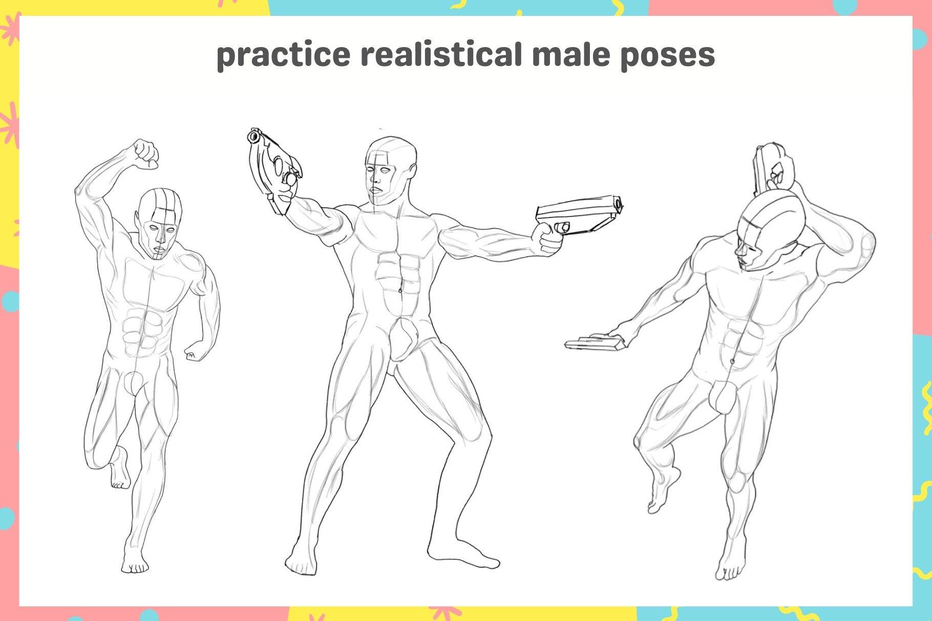 60 Realistic Male Anatomy Pose Stamps - Procreate Muscle and Body Guide - Cozy Brushery