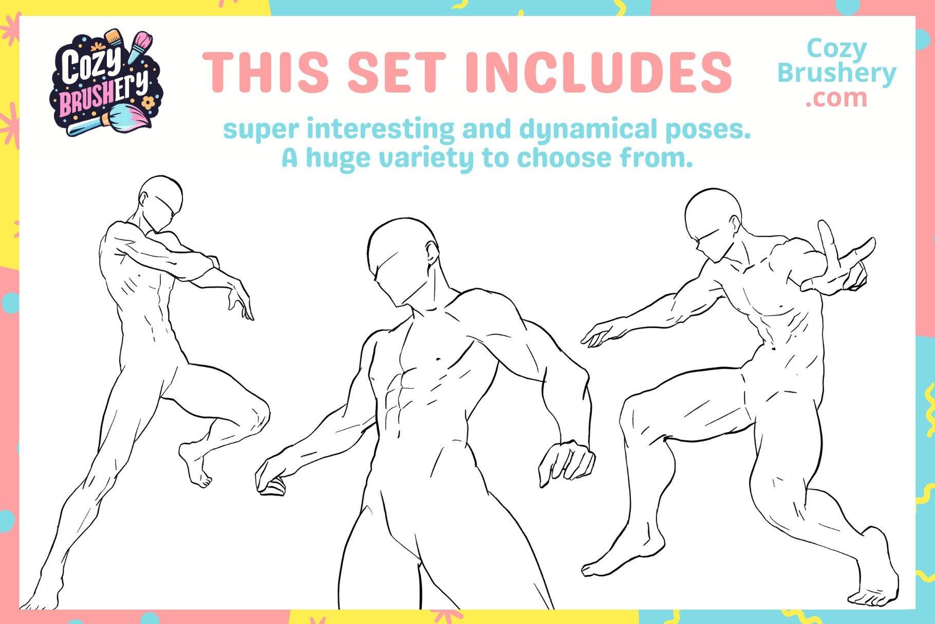 Anime Male Body Template Stamps for Procreate - High-Quality, Quick Pose & Body Outlines for Art - Cozy Brushery