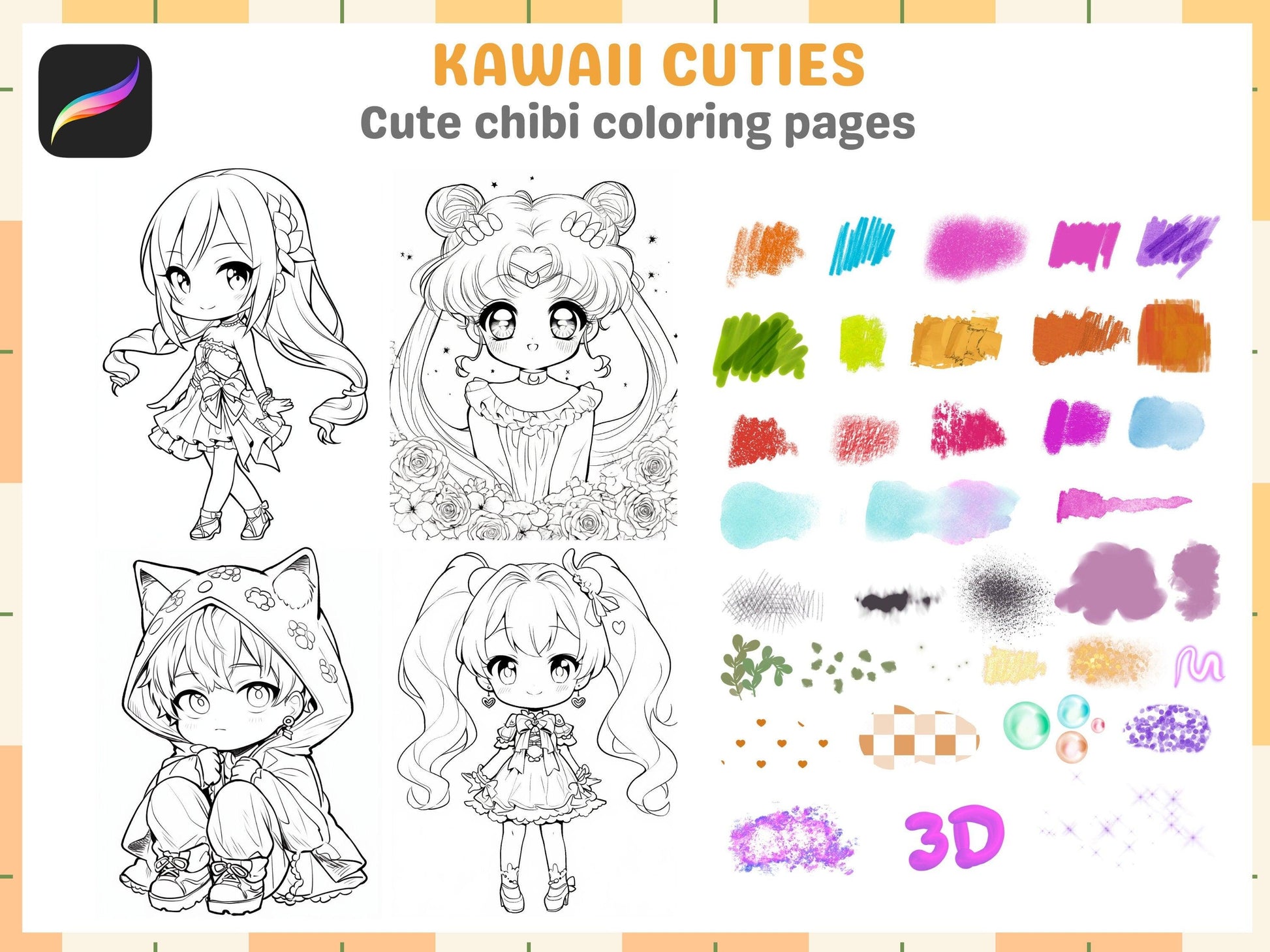 Art with Heart, Coloring Cute Anime Chibi for Gaza Support, Procreate Happy Coloring Pages Magic with extra procreate brushes - Cozy Brushery