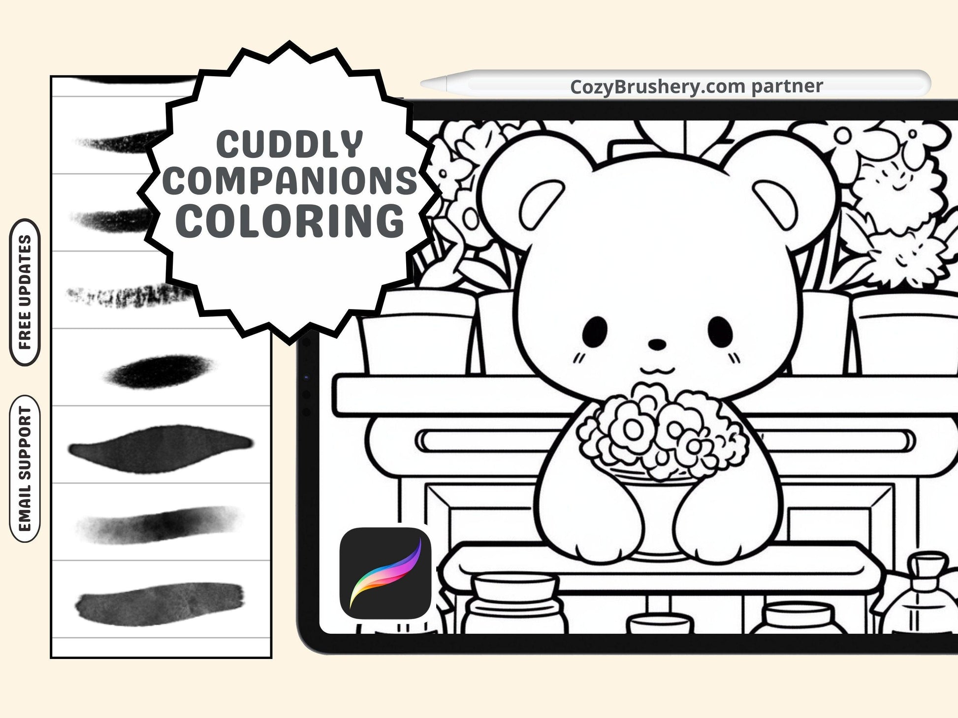 Art with Heart, Coloring Cute Teddy Bears for Gaza Support, Procreate Happy Coloring Pages Magic with extra procreate brushes - Cozy Brushery