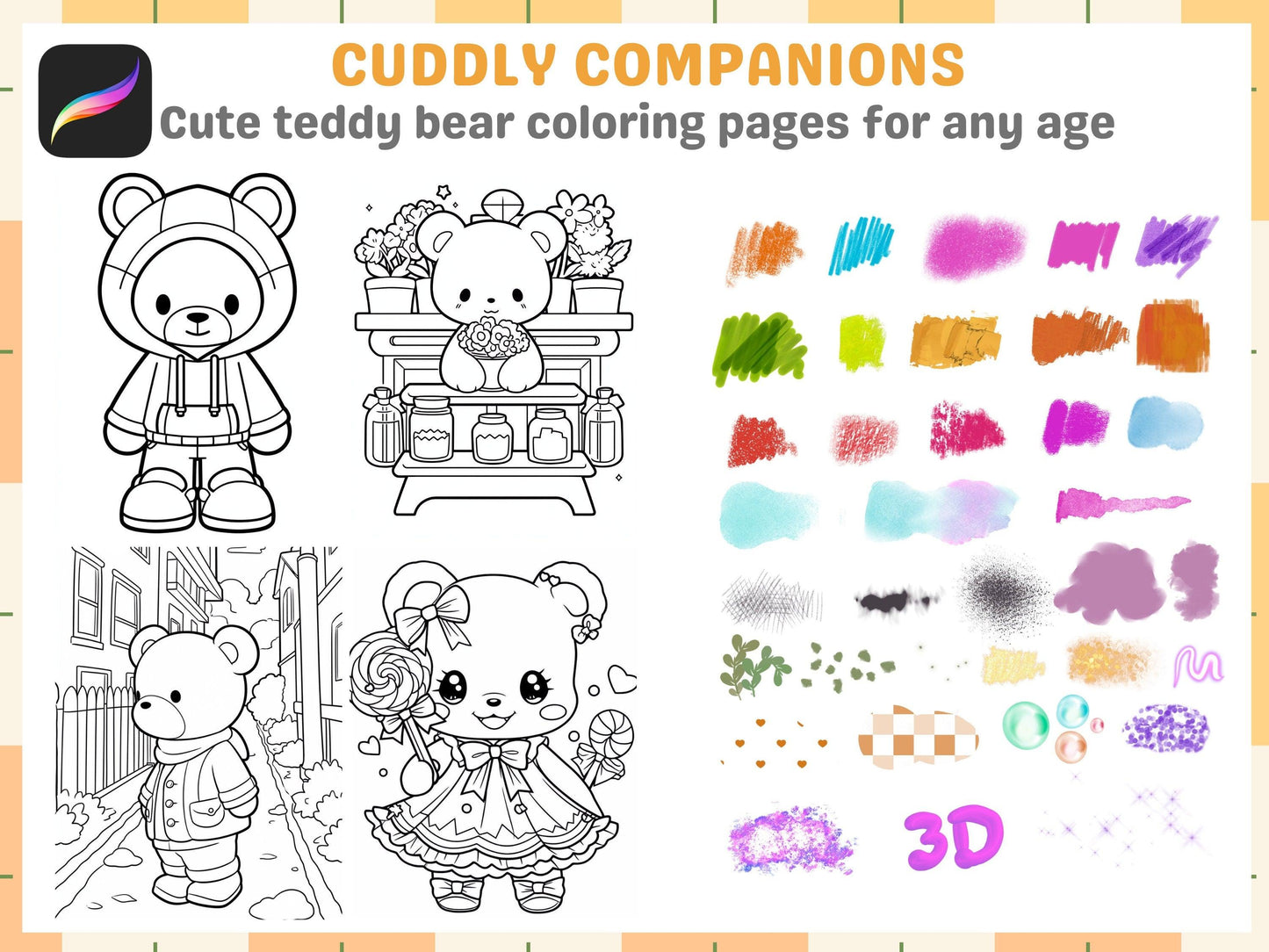 Art with Heart, Coloring Cute Teddy Bears for Gaza Support, Procreate Happy Coloring Pages Magic with extra procreate brushes - Cozy Brushery