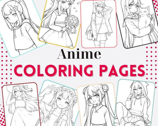 Cute Kawaii Anime Girls Coloring Pages for download - PNG Files - Gift Deep Relaxation Anti Stress - Digital Coloring Print - Cozy Brushery