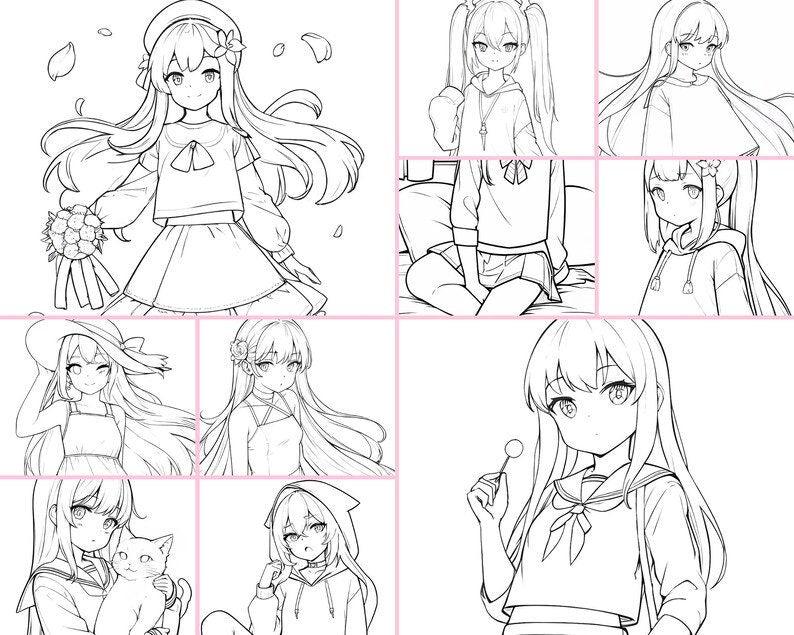 Cute Kawaii Anime Girls Coloring Pages for download - PNG Files - Gift Deep Relaxation Anti Stress - Digital Coloring Print - Cozy Brushery