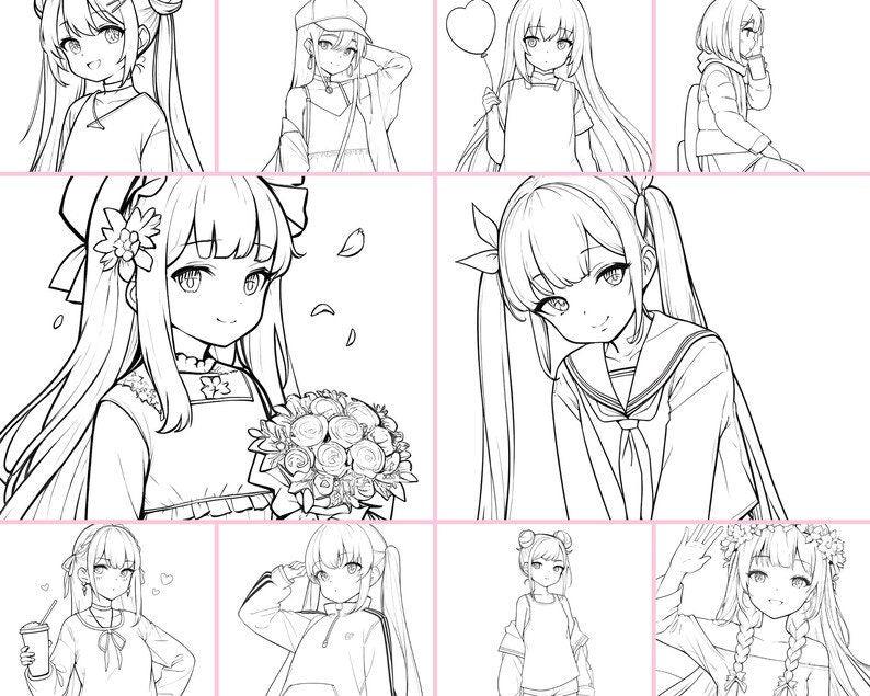 Cute Kawaii Anime Girls Coloring Pages for download - PNG Files - Gift Deep Relaxation Anti Stress - Digital Coloring Print - Cozy Brushery