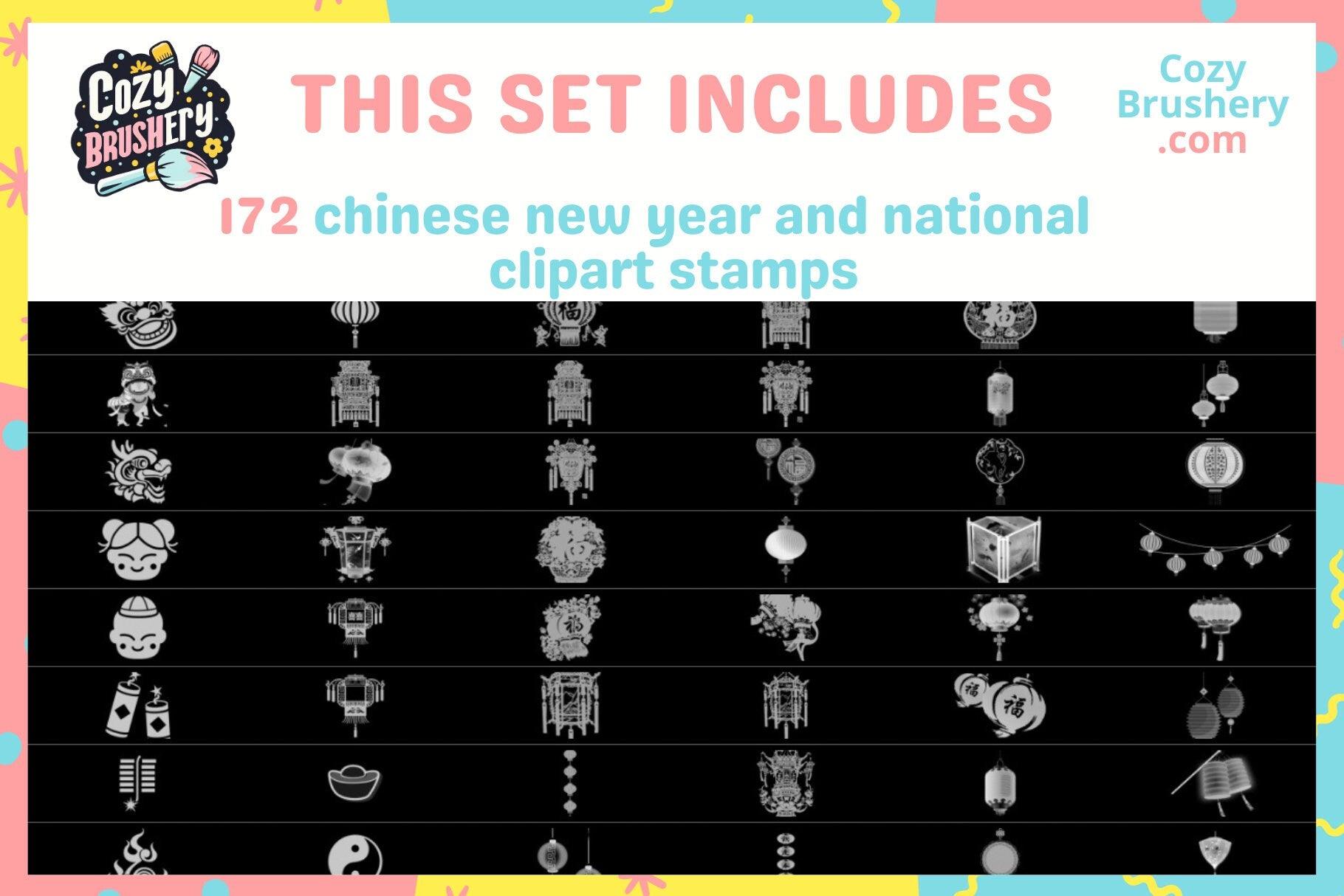 Chinese New Year & National Imagery Clipart Stamps - 172 Procreate Stamps for Festive Art - Cozy Brushery