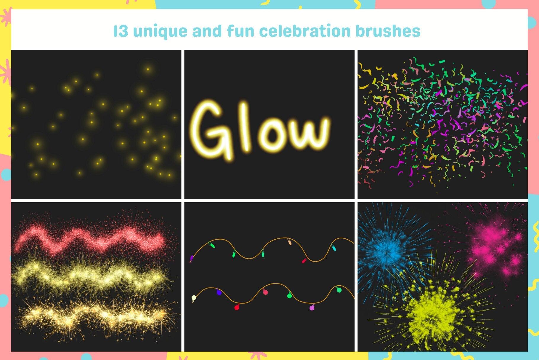 New Year Celebration Party Procreate Brush Pack - Sparklers, Confetti, Fireworks, Christmas Lights, 13 Brushes - Cozy Brushery