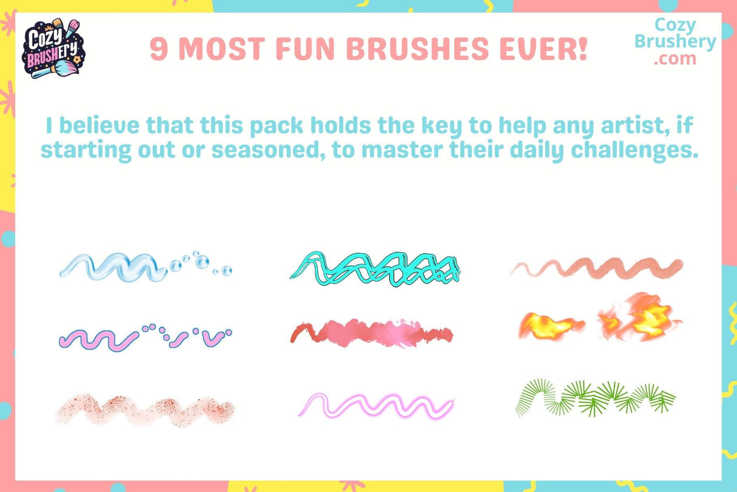 Procreate Brushes Fun Minimalist: Dreamy Escapade Pack, 9 Fun Brushes for Instant Magic, Fire, Bubbles, Ink, Neon, and More - Cozy Brushery