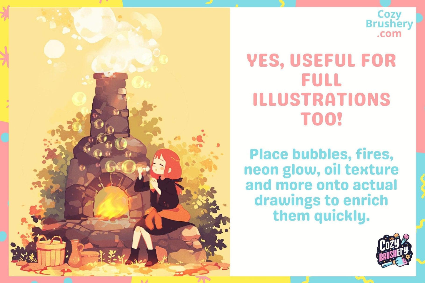 Procreate Brushes Fun Minimalist: Dreamy Escapade Pack, 9 Fun Brushes for Instant Magic, Fire, Bubbles, Ink, Neon, and More - Cozy Brushery
